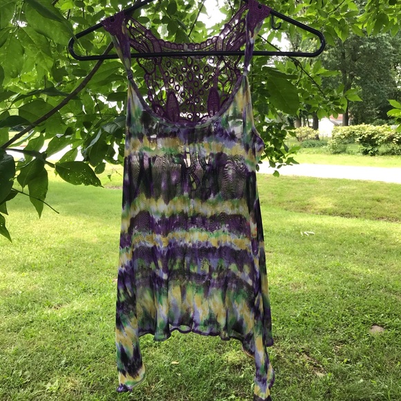Semi sheer tie dyed crocheted back tank - Picture 10 of 14